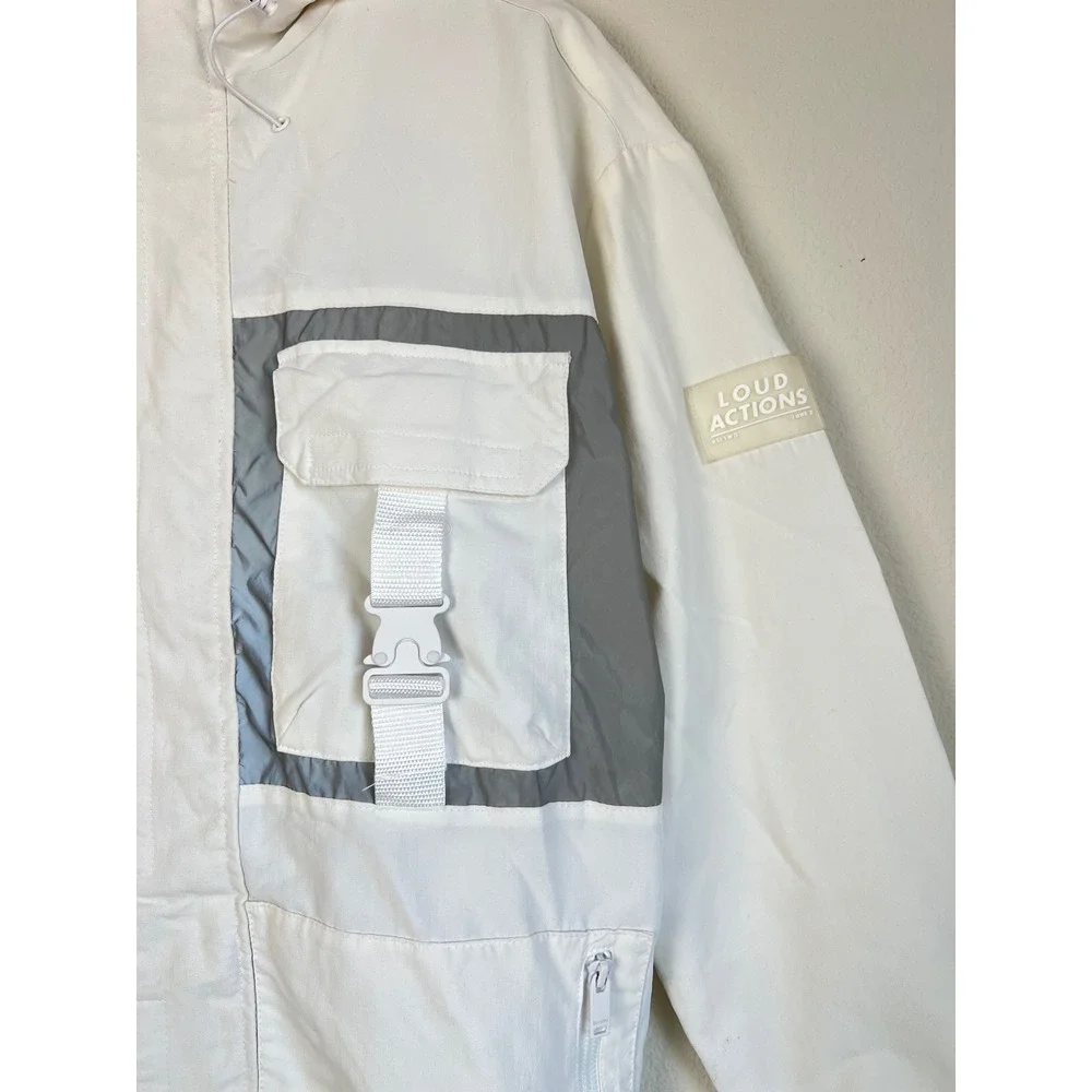 Bershka Loud Actions Techwear Jacket White Hooded Utility Windbreaker Size M